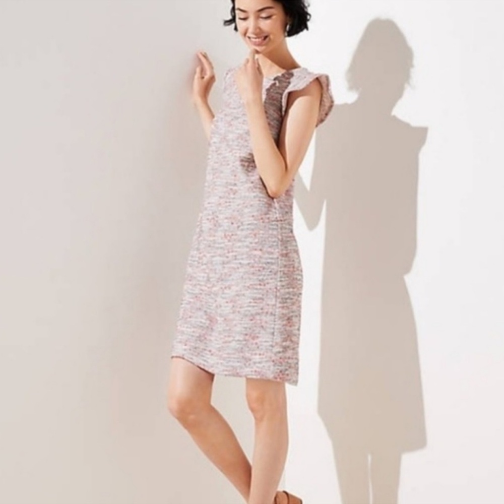 LOFT Pink and White Flutter Sleeve Tweed Dress 4